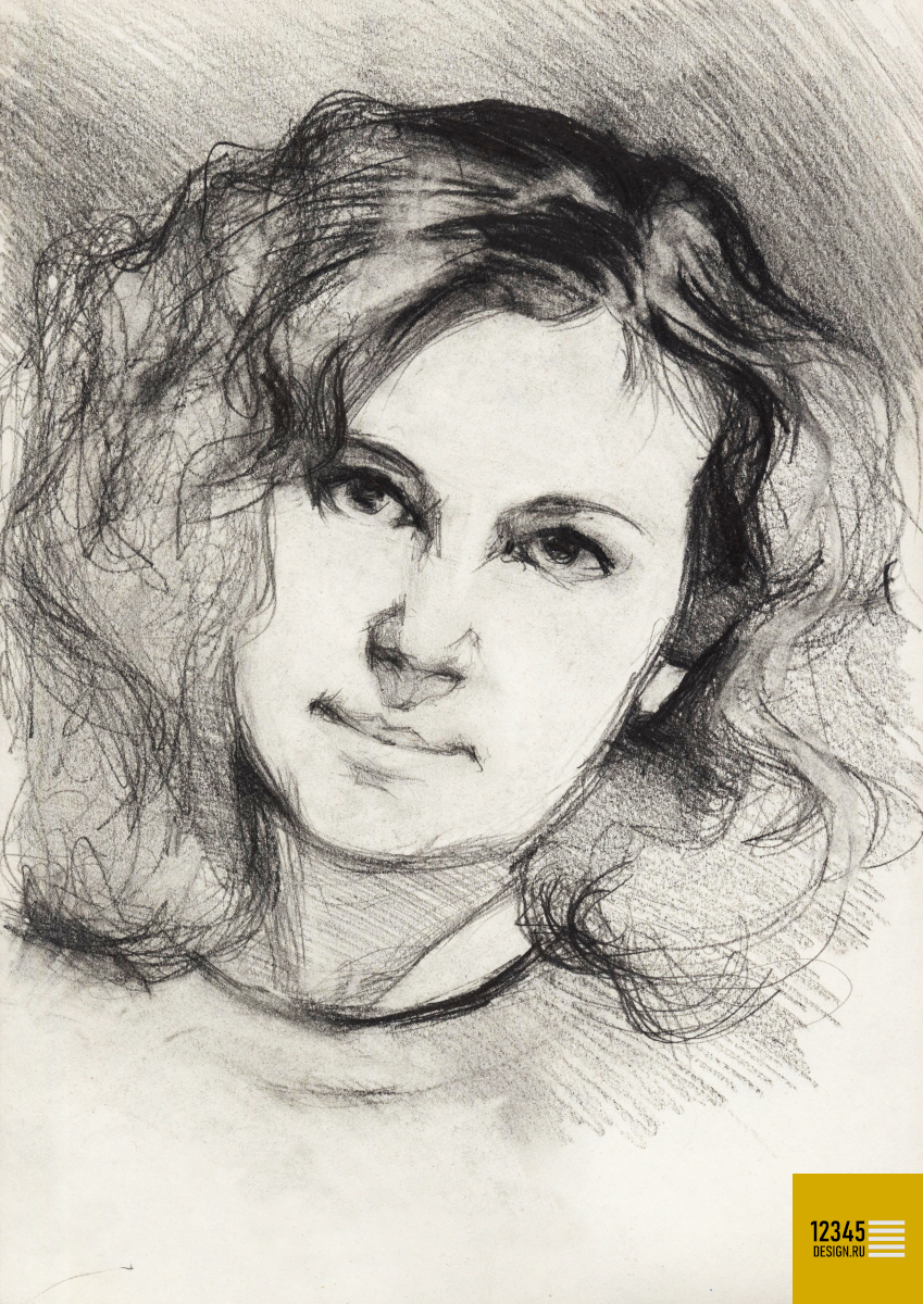 Портрет молодой женщины с распущенными волосами (карандашный рисунок)